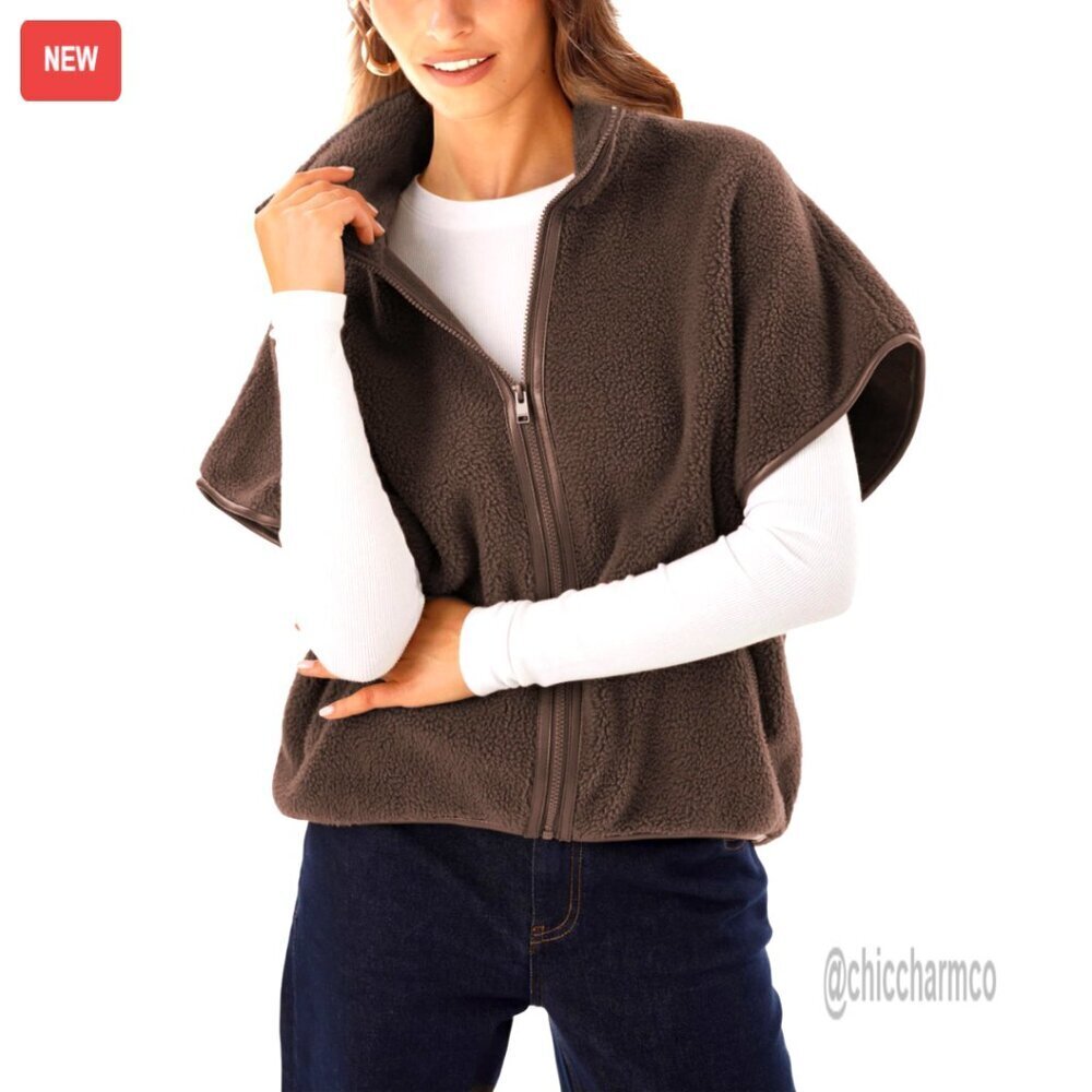 Oversized Sherpa Fleece Vest Stand Collar Zip Up Outerwear Cozy Polar Jacket